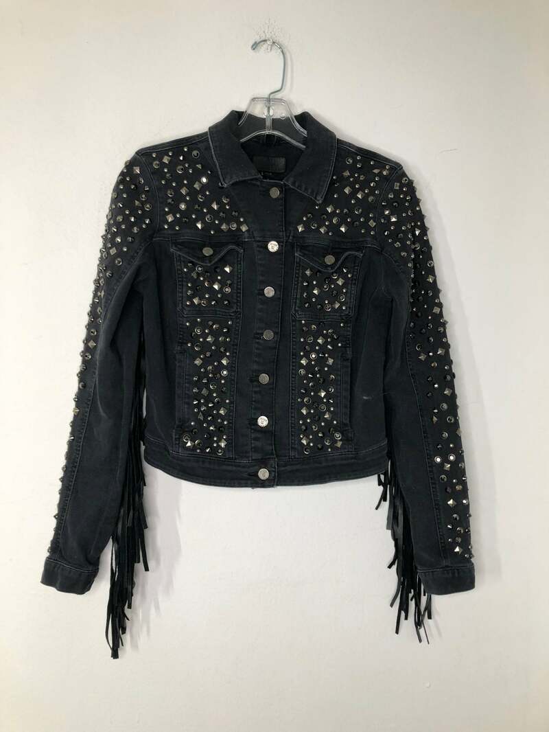 Buy Black women's jacket from denim with fringe and metal rivets western jacket streetstyle steep jacket vintage jacket black color.