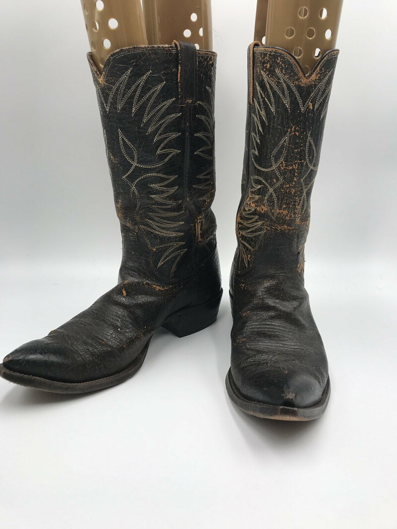 Buy Dark brown men's boots from real leather vintage boots embroidered with unique print western style cowboy boots retro boots has size 10 1/2.