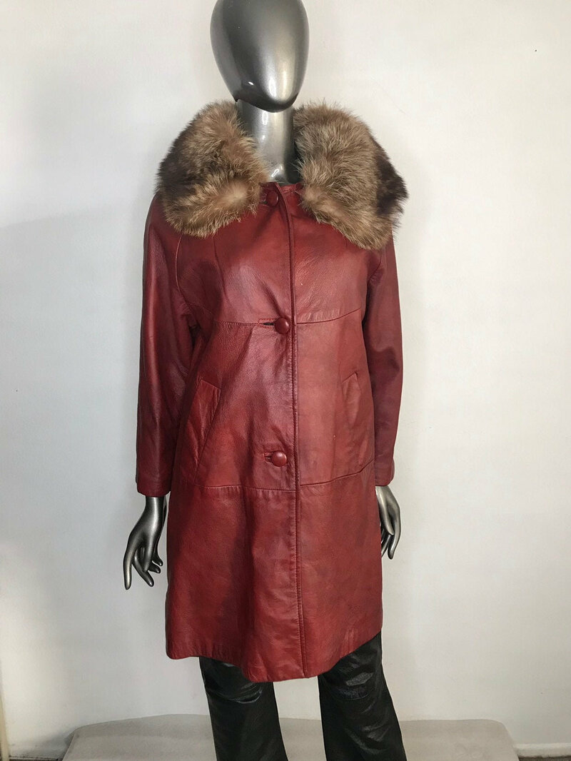 Buy Red women's coat from real leather long coat streetstyle coat with fox fur collar vintage coat steep coat retro style has size-medium.