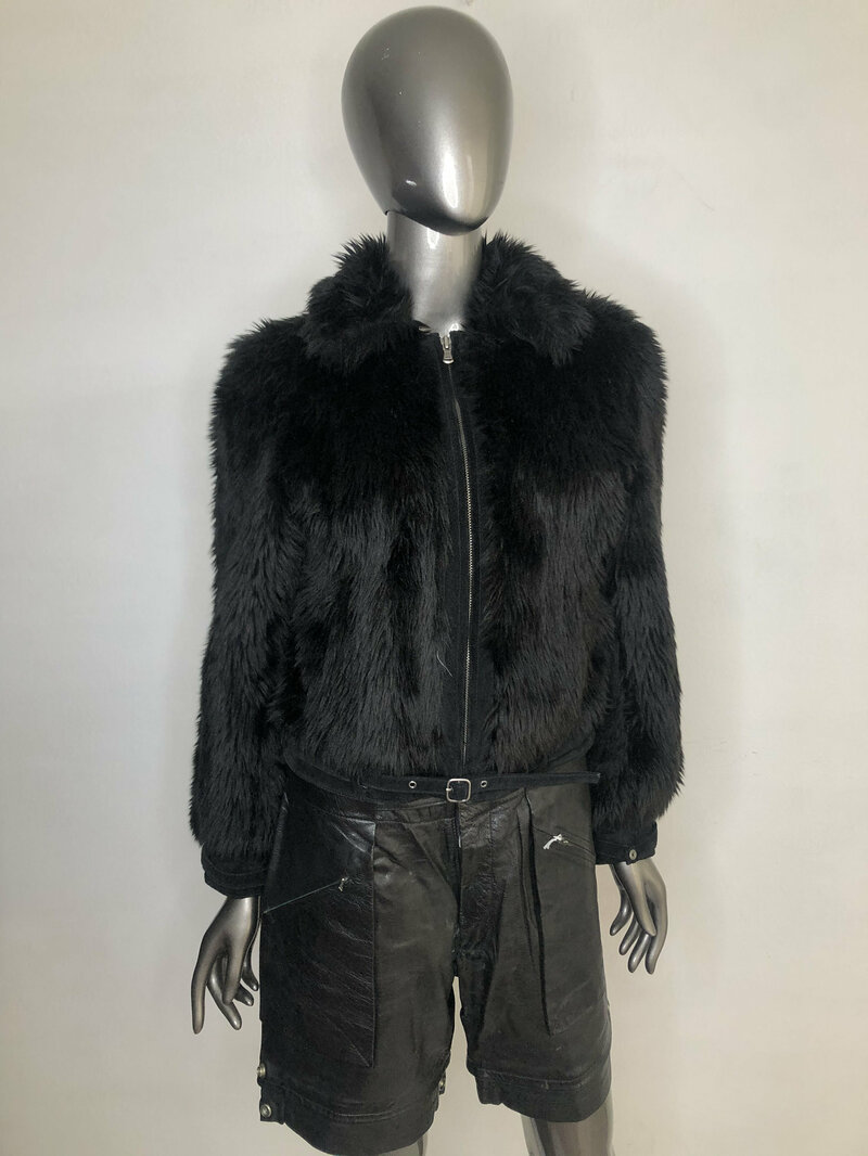 Buy Black Faux Fur Coat Vintage with pockets and collar with suede detals youth style fastened on zipper womens size small.