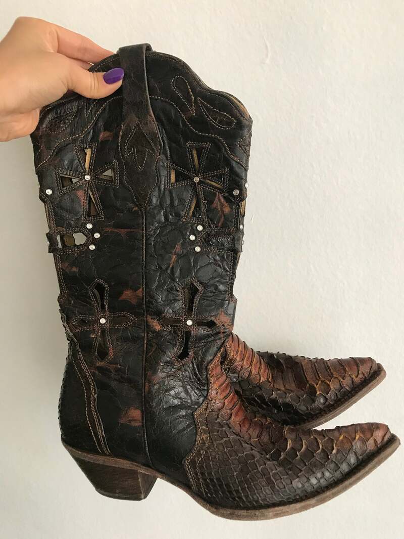 Buy Brown cowgirl boots from real leather vintage boots embroidered western style cowboy boots with metal fittings brown color has size 8 1/2.