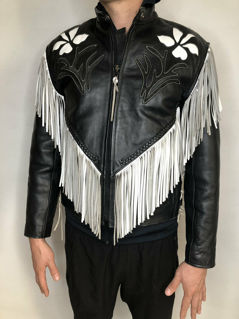 Buy Black men's jacket from real leather with fringe rocker jacket cowboy jacket short jacket streetstyle jacket vintage jacket has size-small