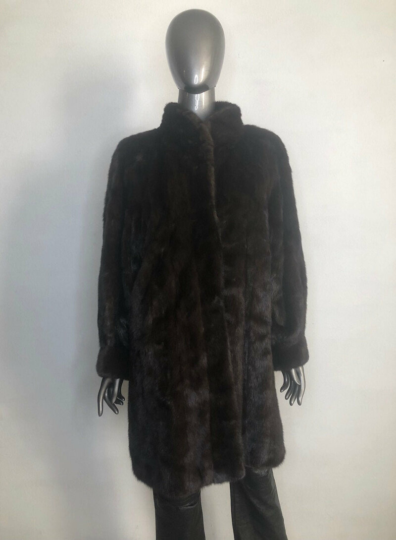 Buy Mink Fur Coat Long Brown Womens Stylish with a small collar sleeves with cuffs womens size is large.