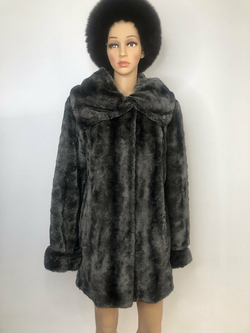 Buy Faux Fur Coat Dark Gray with big cozy original collar with pockets sleeves with cuffs womens size medium.