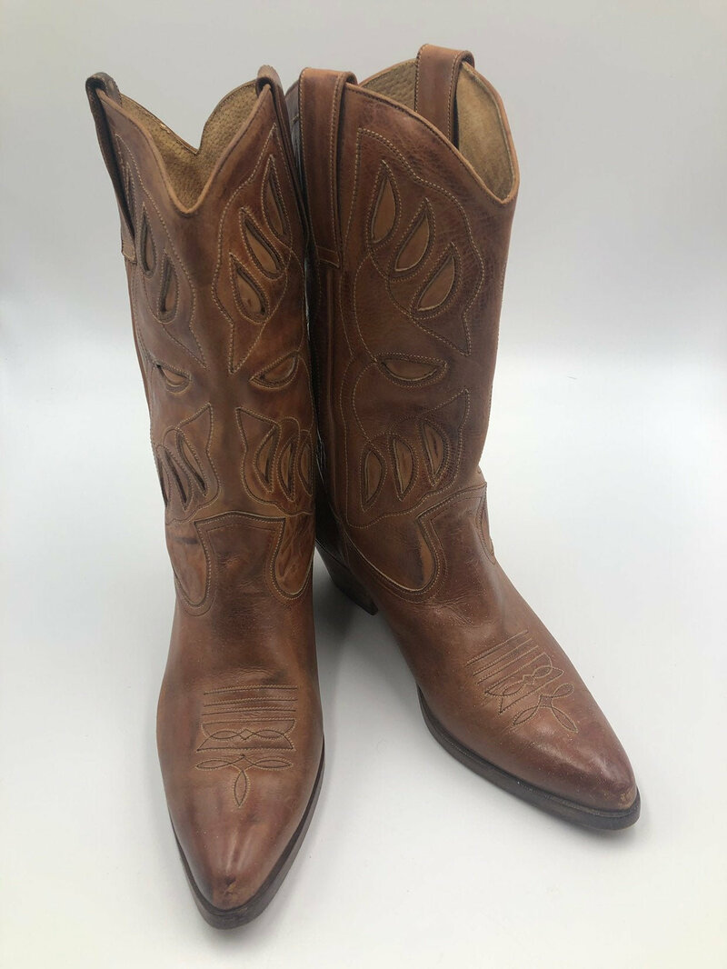 Buy Cowboy Boots Leather Western Style dark orange decorated applique and embroidery unique boots men's size 9 1/2 made by Clemente.
