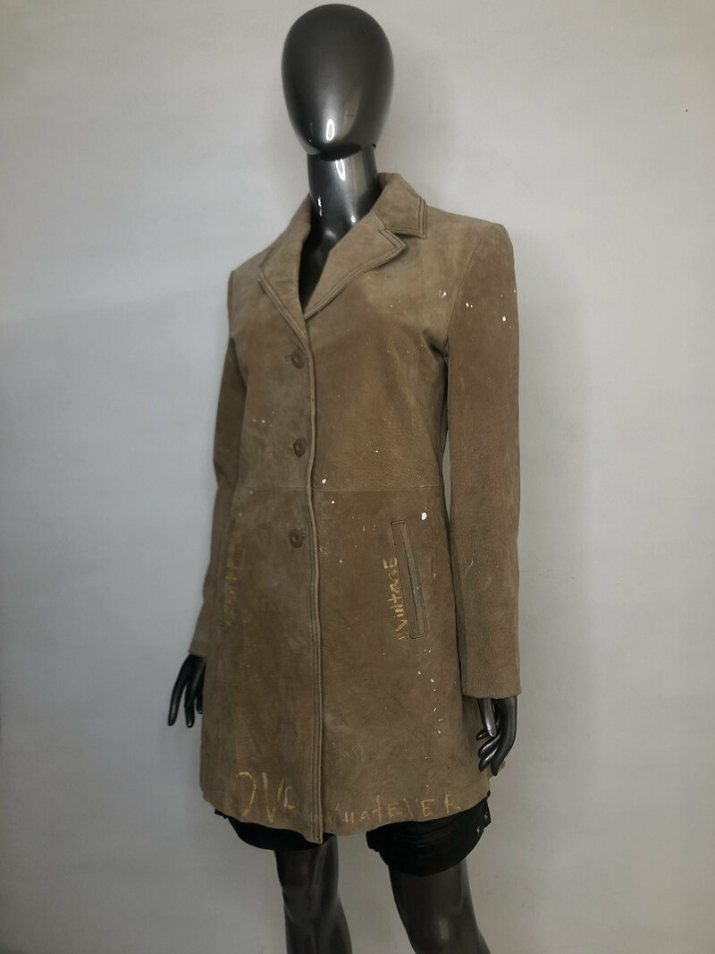 Buy Beige painting real suede jacket with pockets woman size M