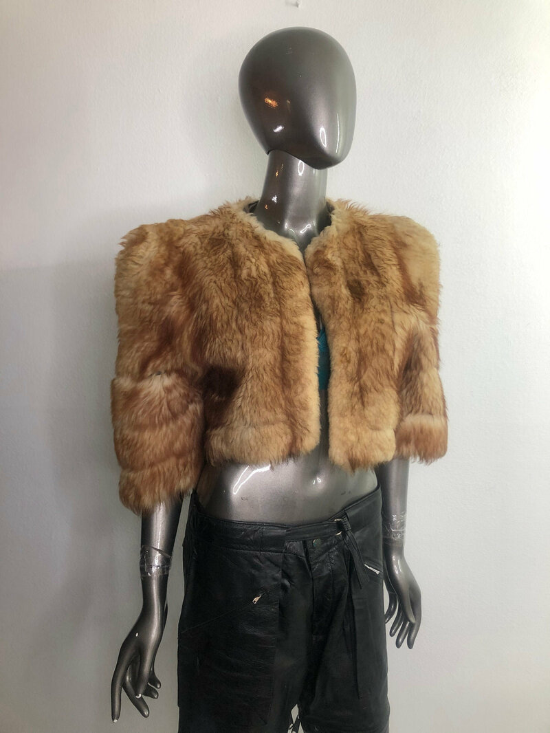 Buy Beige Sheepskin Coat Bolero Woman Fluffy short straight silhouette with wide sleeves length is three quarters size small.