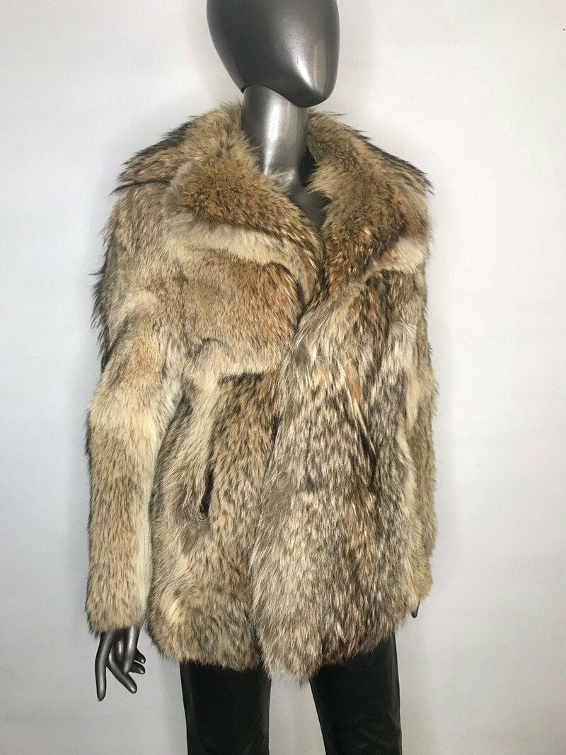 Buy Fox Fur Coat Short Fluffy Beige orange color with a big cozy English collar straight silhouette festive fur coat womens size is small.