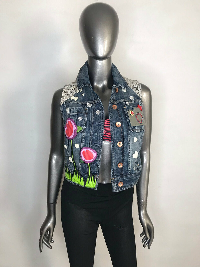 Buy Handmade Denim Vest Classic Style for Women Blue Color is decorated with original applique colors labels lace womens size exyra small.