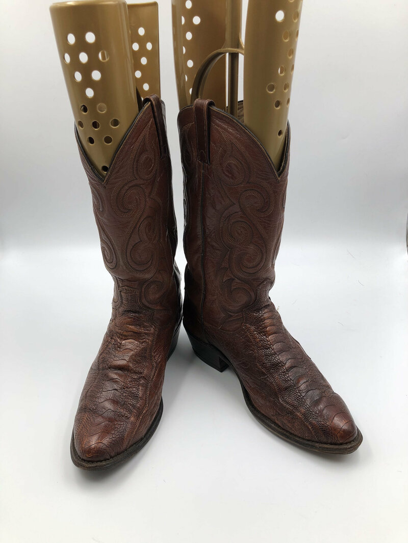 Buy Dan post men's boots faux ostrich leather vintage embroidered with unique pattern western cowboy boots streetstyle retro brown size 9 1/2.