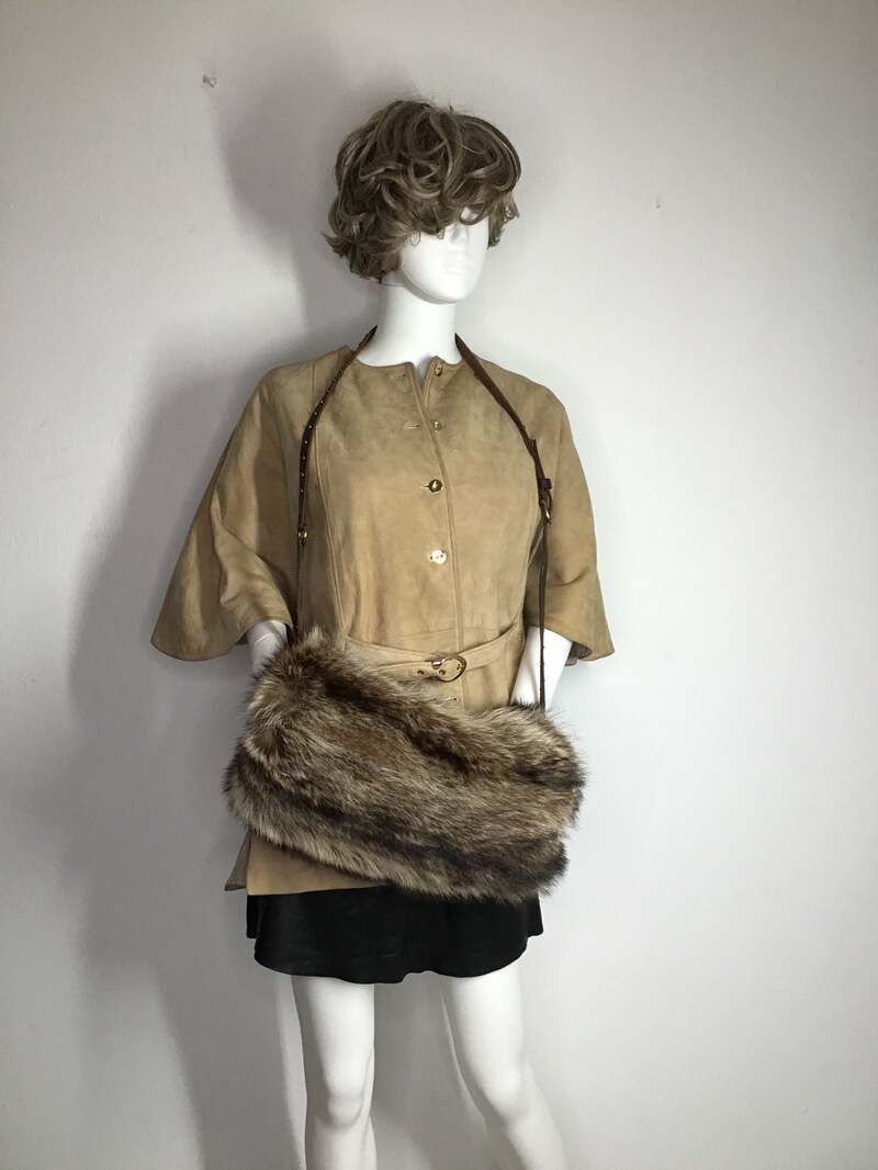 Buy Brown women's muff from raccoon fur festive look fluffy warm muff cinema style muff vintage muff retro muff good for party has size large.