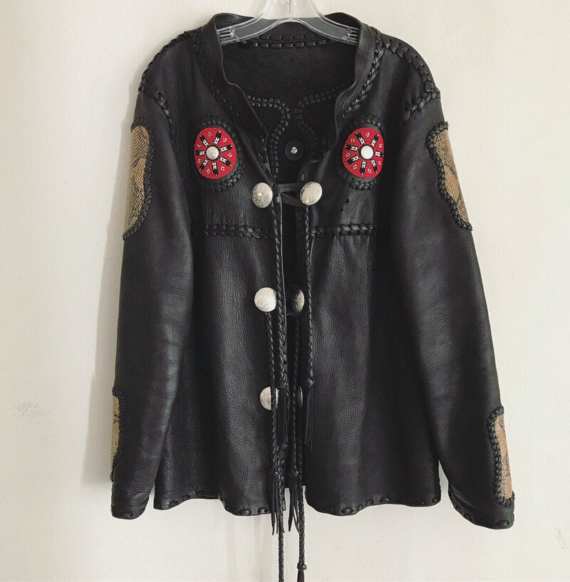 Buy Black chic men's jacket made from real genuine leather heavy jacket with embroidery western style fringe jacket old jacket has size-medium.