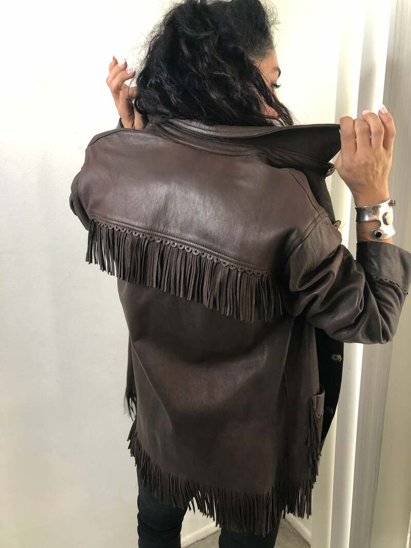 Buy Brown women's jacket from real leather with fashionable leather fringe western jacket fringe cowgirl jacket vintage brown color size-medium.