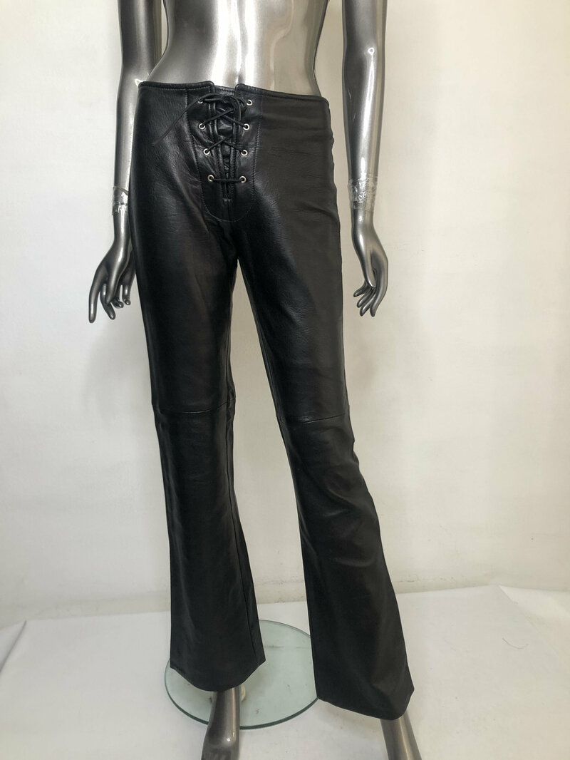 Buy Black Women's pants real leather smooth and genuine leather modern pants long pants vintage pants streetstyle pants with laces size-small.