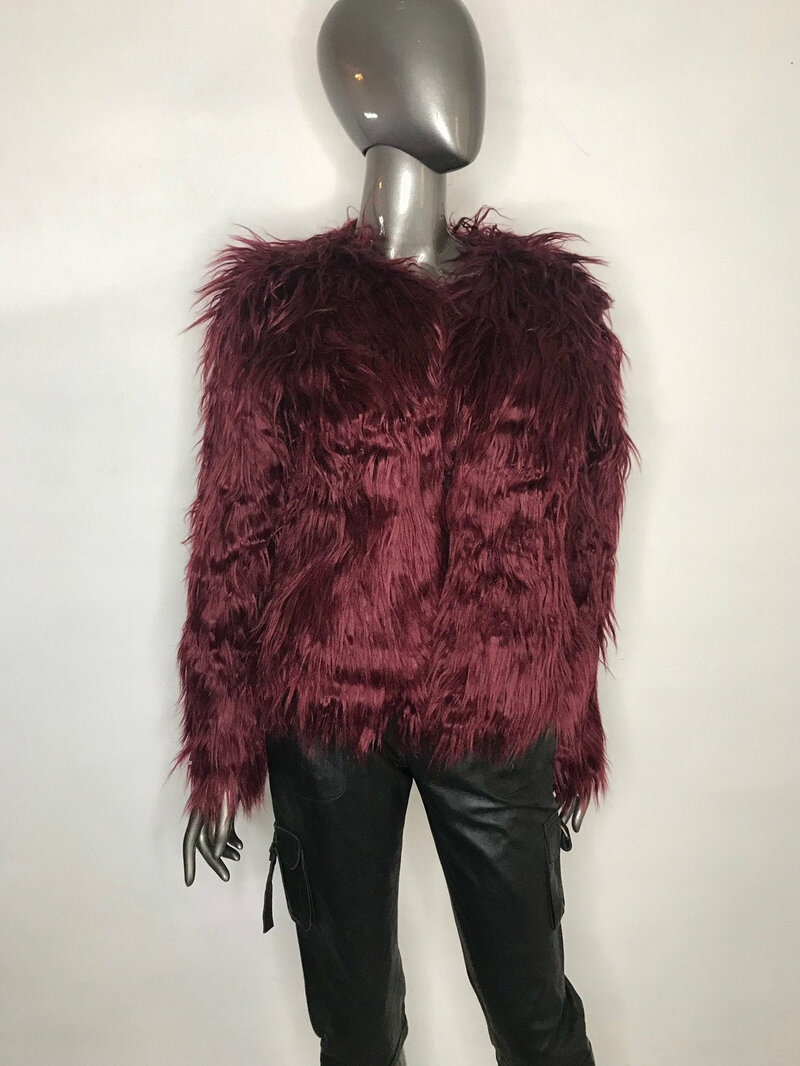 Buy Faux Fur Jacket  Womens Burgundy colors original fluffy beautiful in the youth style straight silhouette womens size medium.