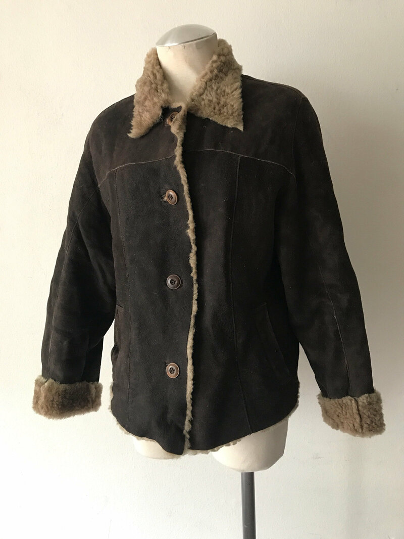 Buy Vintage Short Sheepskin Coat Womens very warm brown suede and beige fur with two pockets womens size medium.