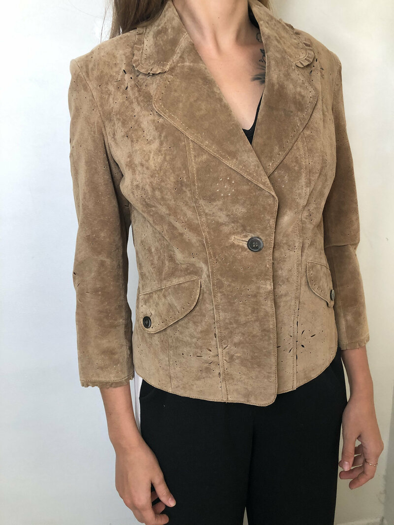 Buy Original jacket perforated suede vintage style mid length jacket modern lightweight women's brown size-small.