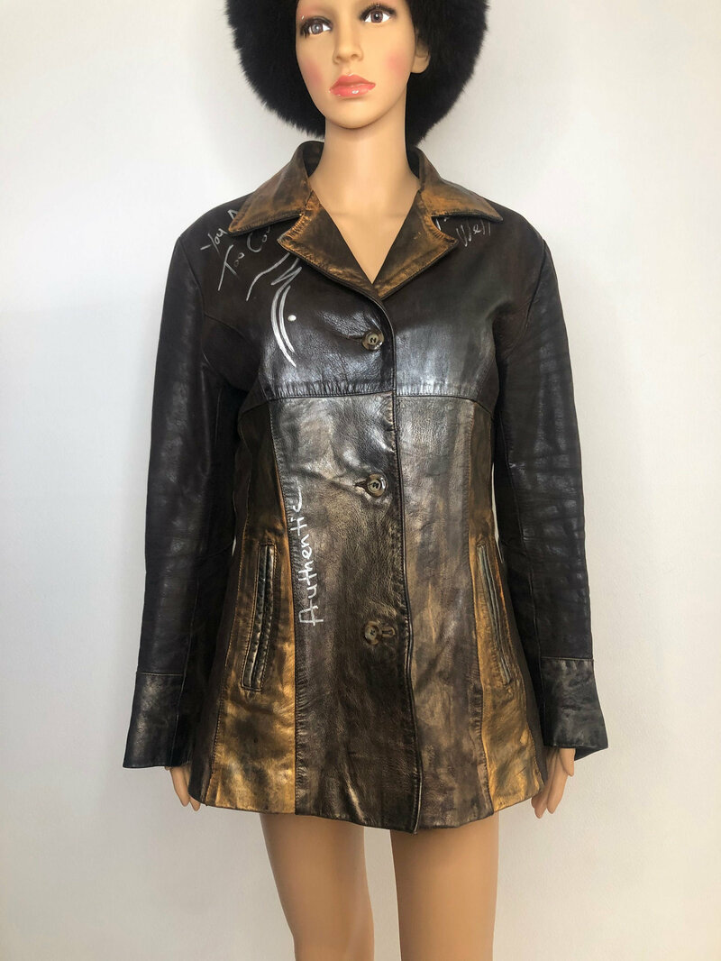 Buy Brown painting real leather jacket with belt with pockets handmade woman size M-L.