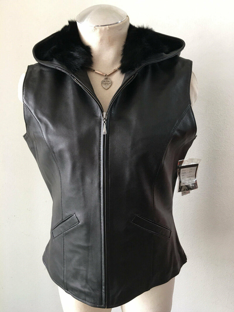 Buy Vest Burning Man Style Classic Short Vintage Black Genuine Soft Leather With Genuine Rabbit Fur Lining And Sewn Hood Womens  Size Small.