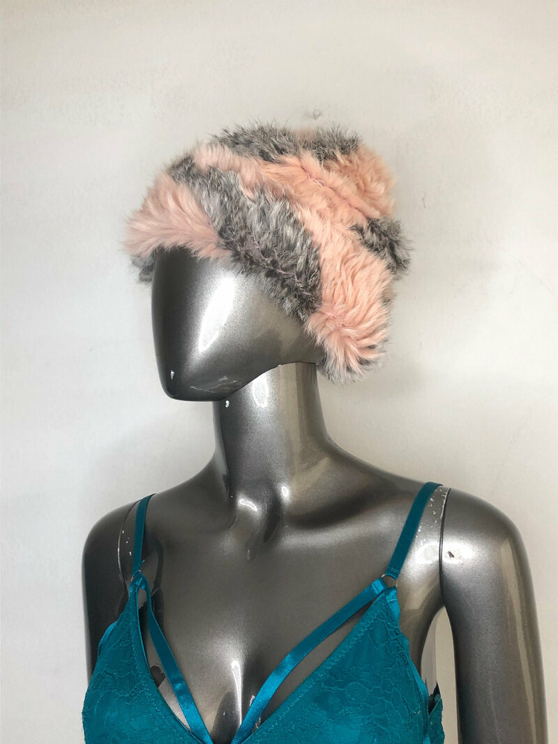 Buy Pink with gray hat from real rabbit fur casual hat classical hat warm hat winter hat original hat vintage hat streetstyle has size-medium.