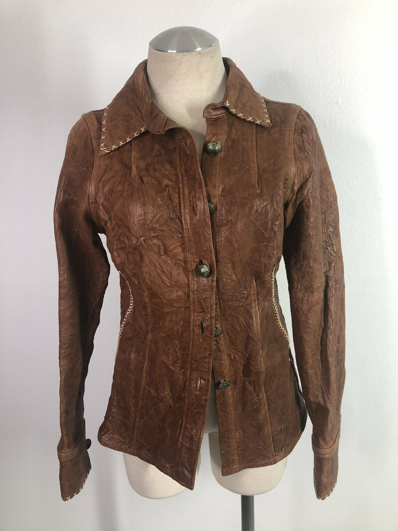 Buy Brown soft leather jacket, authentic buttons jacket, women jacket size small.