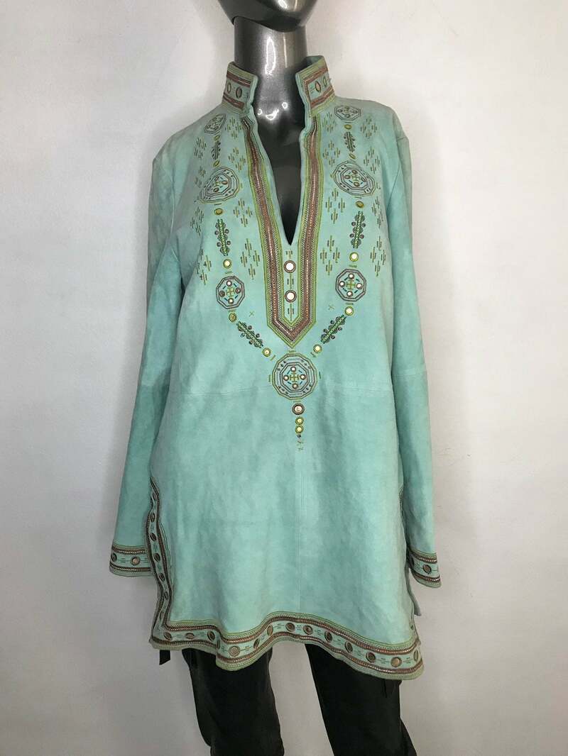Buy Suede Tunic in a Folk Indian Style with beautiful embroidery with contrasting silk threads womens size 10.