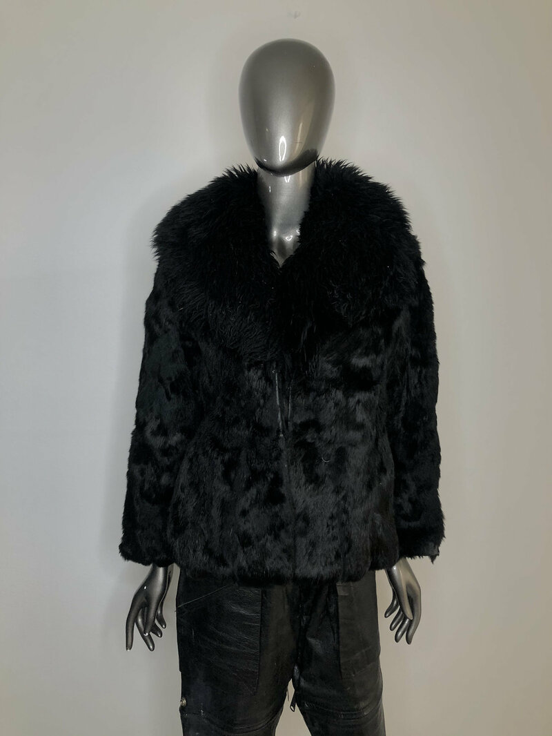 Buy Black Short Rabbit Fur Coat with pockets with fluffy cozy collar of long faux fur womens size small.