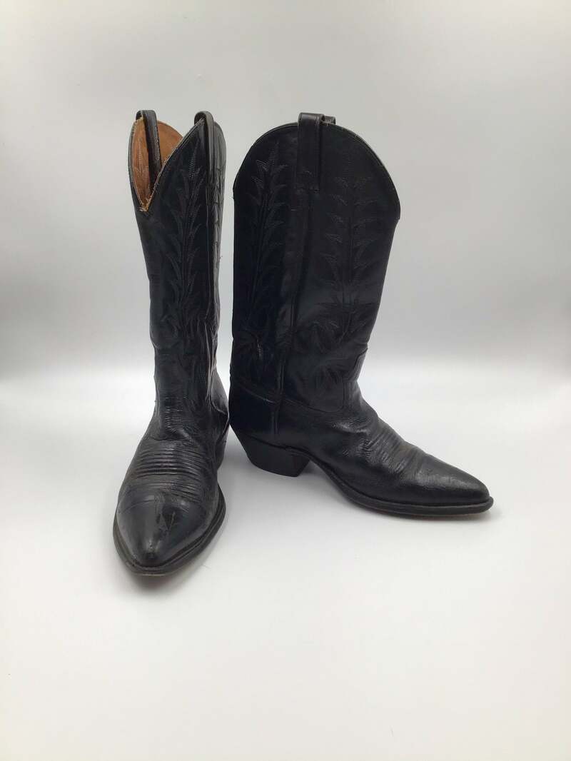 Buy Black men's boots real leather vintage boots embroidered with unique pattern western cowboy boots streetstyle retro black color size 9 1/2.