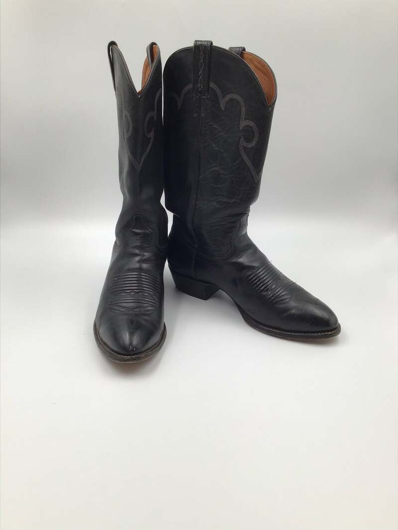 Buy J Chrisholm black men's boots from real leather vintage boots embroidered with unique print western style cowboy black color has size 9EE.