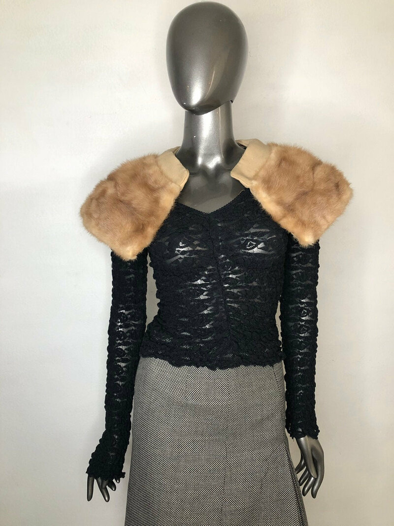Buy Mink Fur Collar Bolero Women's Beige short cozy for coat jacket or dress vintage style one size.