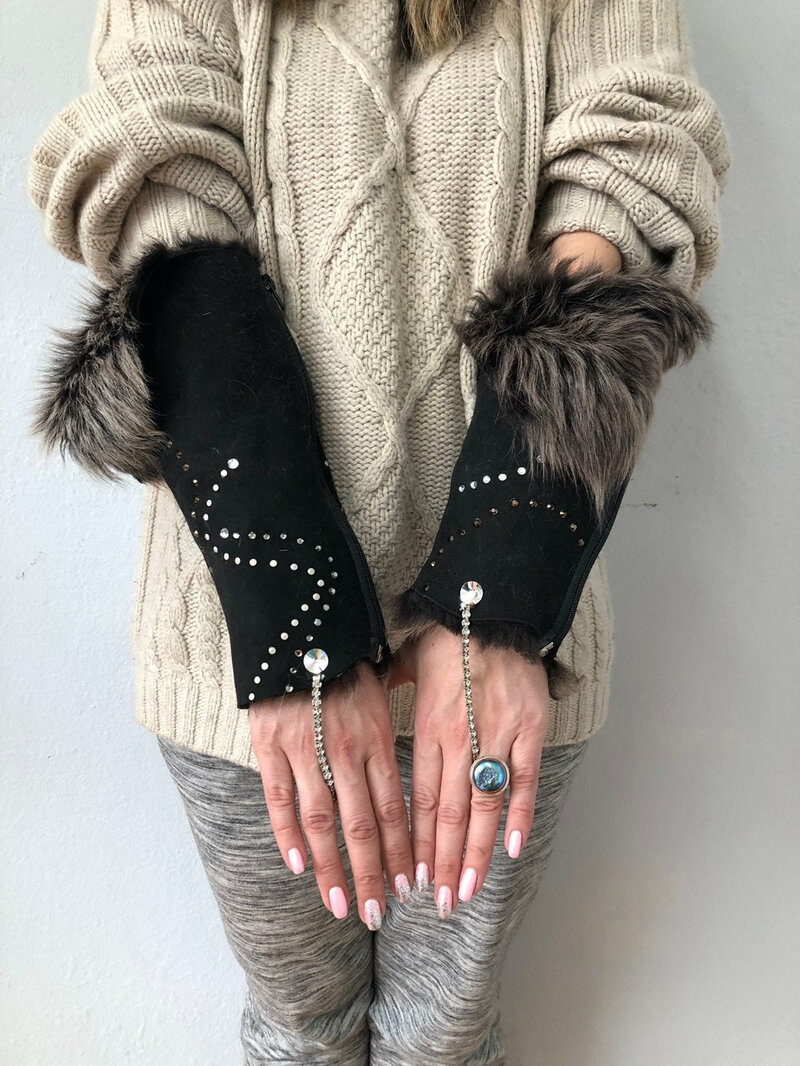 Buy Black handmade women's gloves, real fox fur, unique gloves, festive look, fashionable design, decorated with rhinestone, vintage, universal.