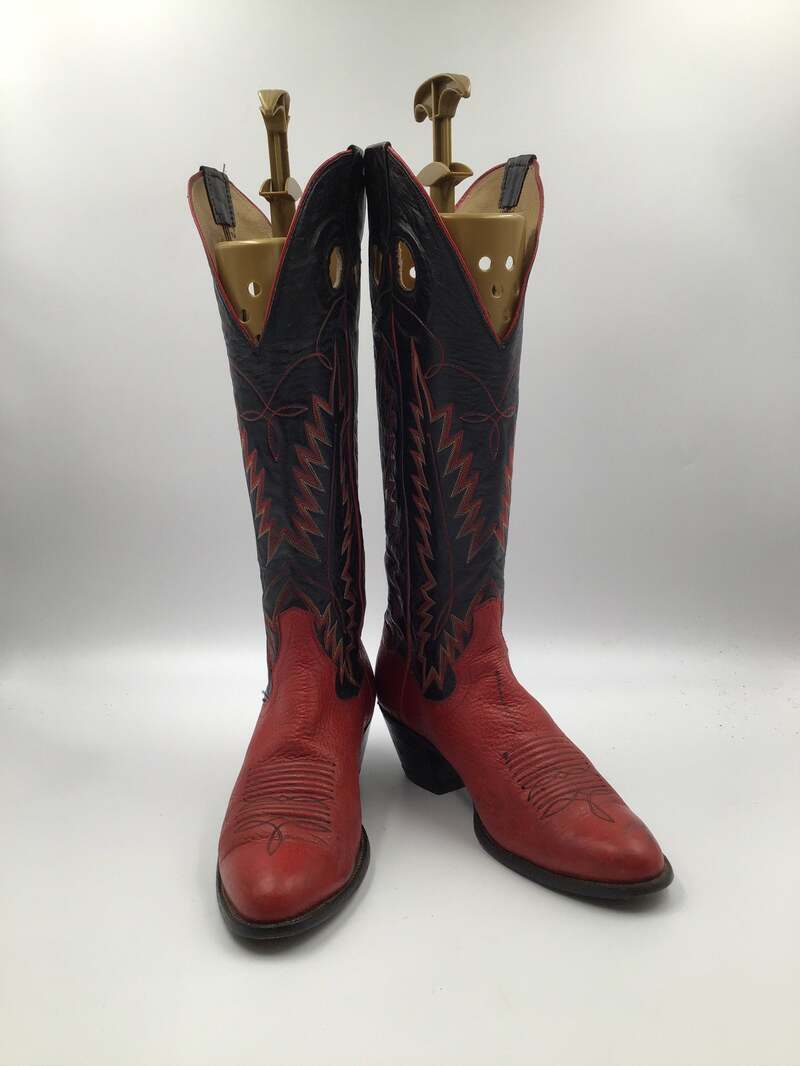 Buy Red&black men's boots from real leather vintage embroidered with unique pattern western style cowboy boots streetstyle retro has size 8.