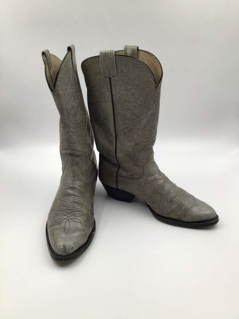 Buy Gray men's boots from real leather vintage boots embroidered with unique pattern western style cowboy boots gray color has size 10 1/2D.