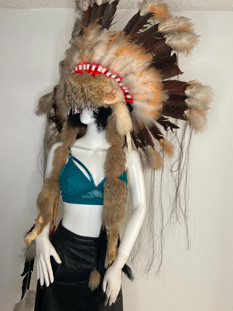 Buy Beige original headdress real fur and feathers from Navaho with beads vintage headdress party hat show hat theatre headdress has one size.