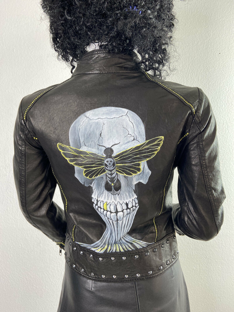 Buy Black rock style leather jacket with painting women size xs