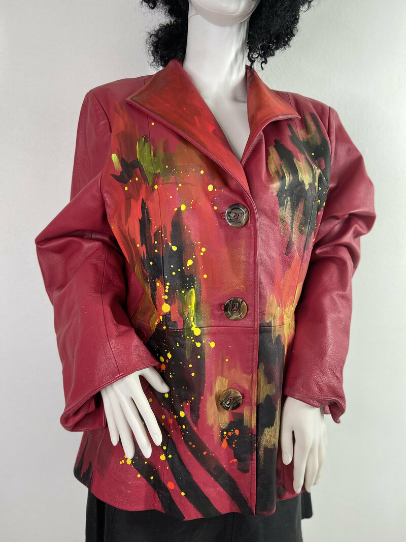 Buy Red women's jacket real leather long jacket streetstyle jacket handmade painting jacket vintage steep jacket retro style has size-large.