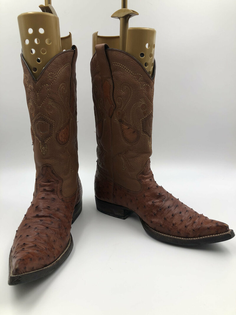Buy Brown Men's Boots real ostrich leather vintage boots embroidered with unique pattern western cowboy boots country style retro size 9 1/2.