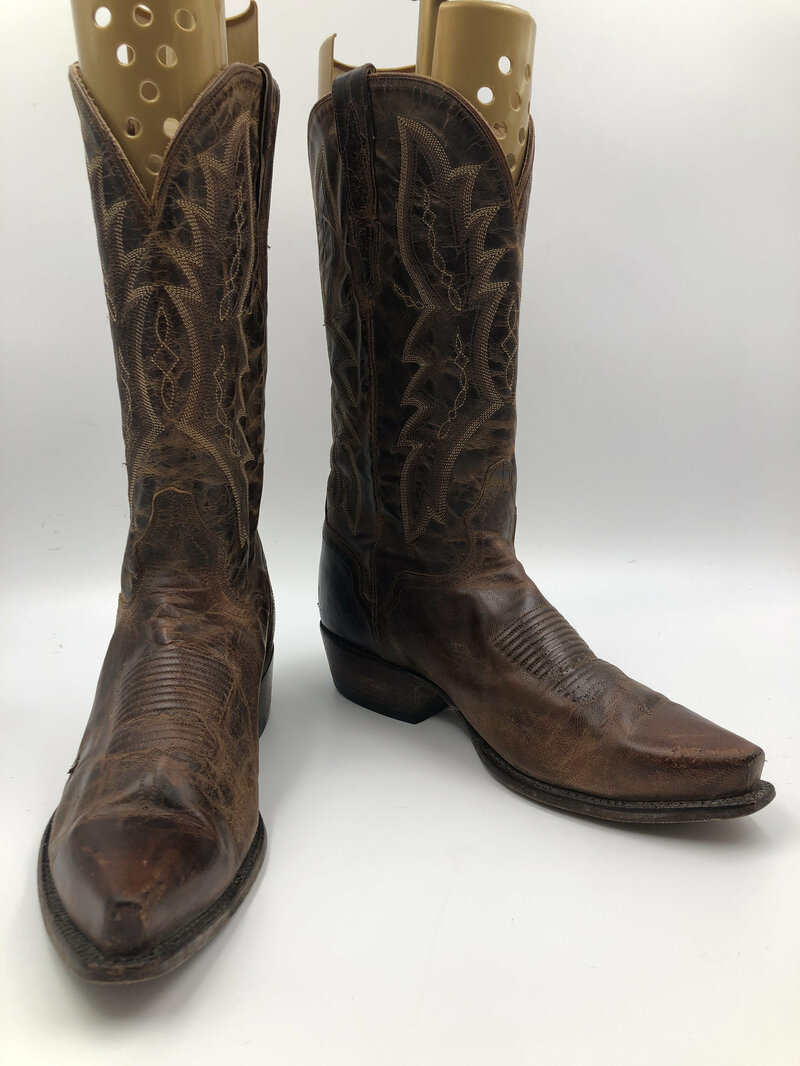 Buy Brown men's boots real leather vintage boots embroidered with unique print western style cowboy boots country style retro has size 10 1/2D.