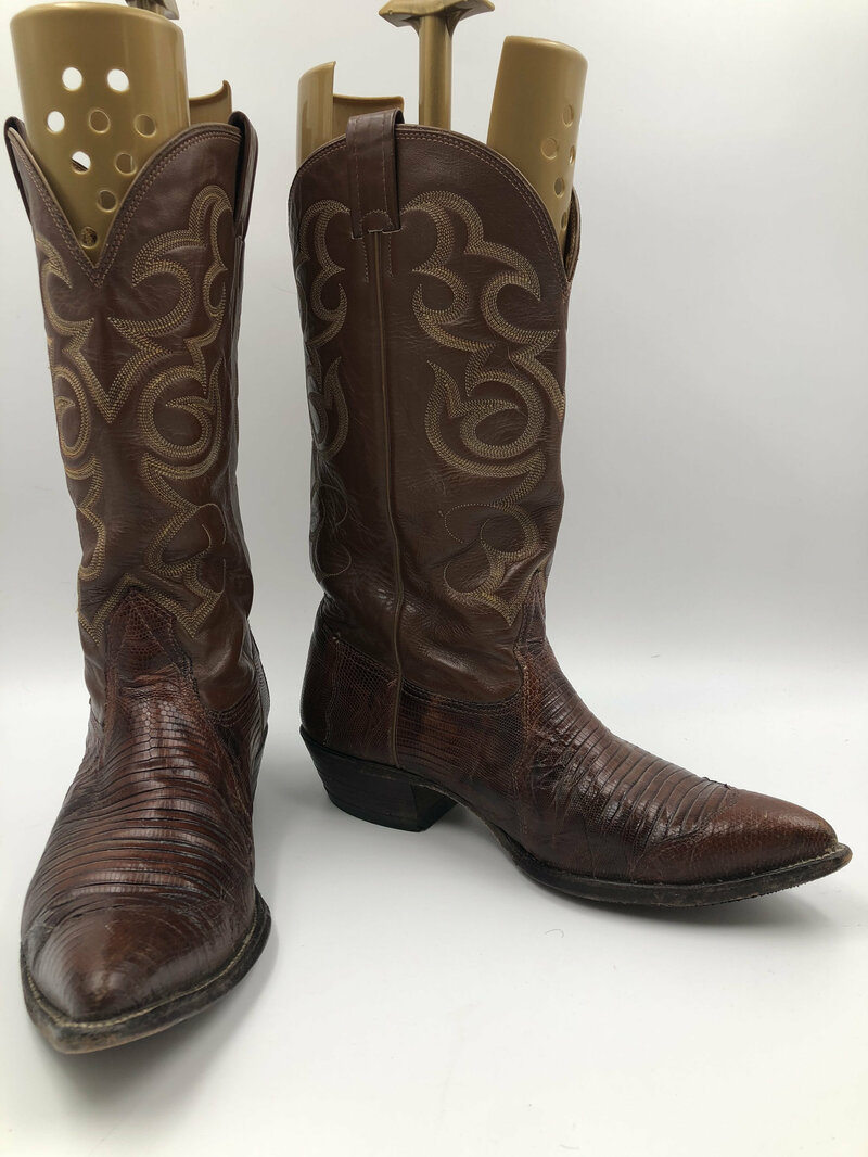 Buy Brown men's boots real lizard leather vintage boots embroidered with unique pattern western style cowboy boots country style has size 10EE.