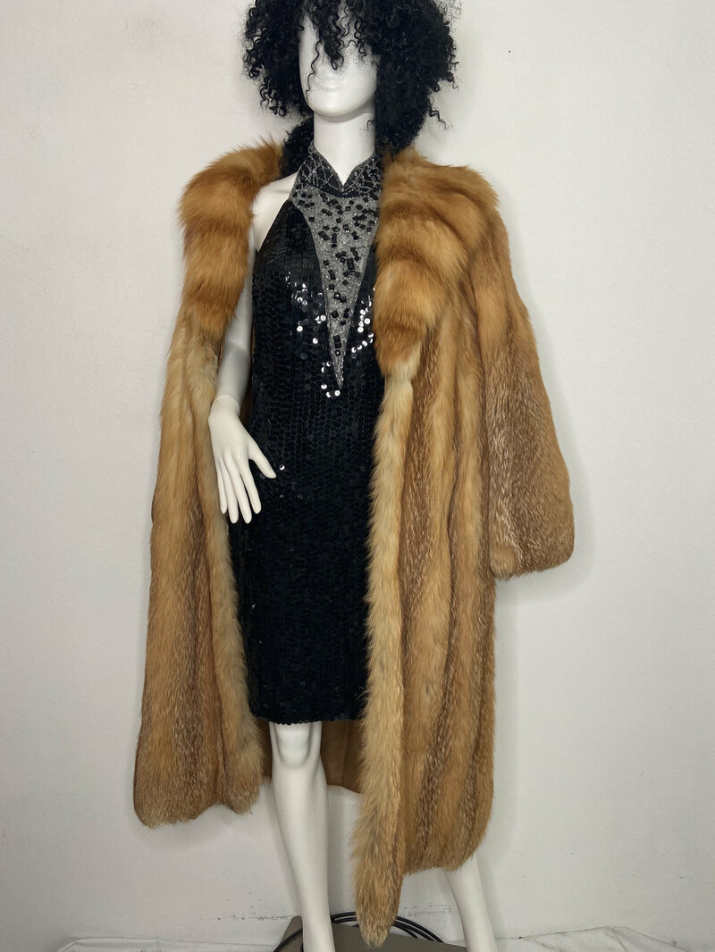 Buy Orange women's coat from real red fox fur casual coat winter classical coat warm coat long coat vintage coat luxury coat has size-medium.