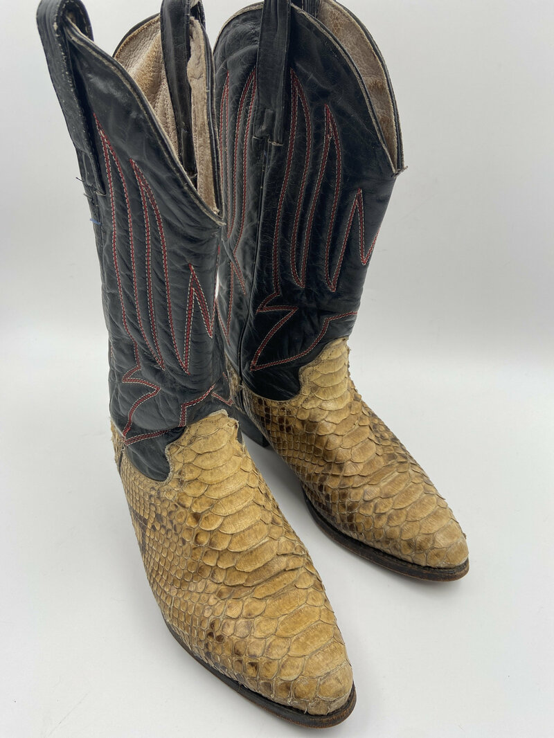 Buy Beige and black men's boots from real python leather vintage embroidered with unique pattern western cowboy boots retro boots has size 8US.