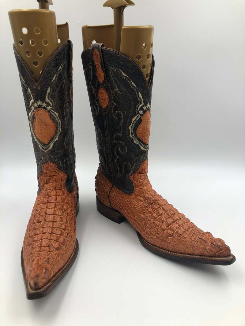 Buy Black & Orange Men's boots from real leather with crocodile print vintage embroidered with unique pattern western cowboy boots has size 8.